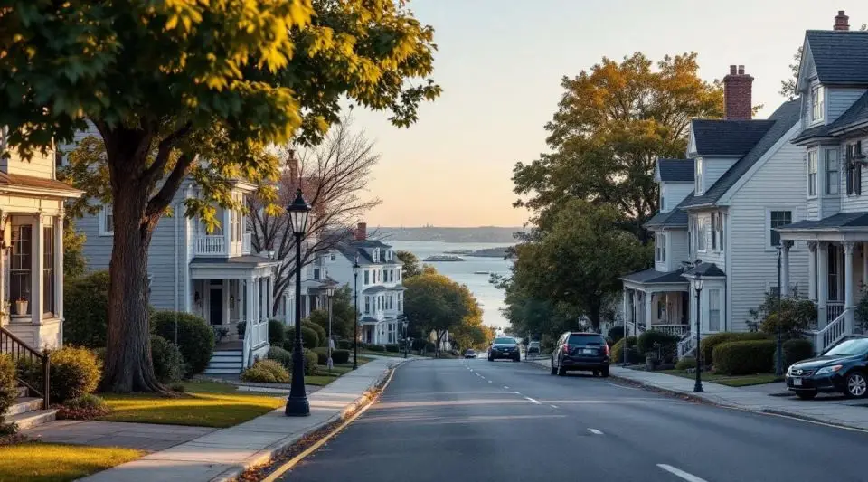 A professional flatbed tow truck driving past the iconic triple-decker homes in a dense Everett neighborhood at dusk.