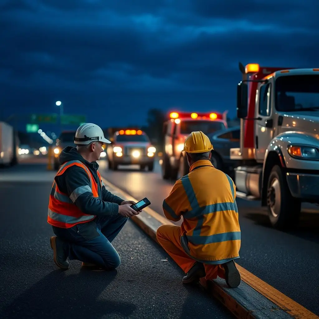 A professional tow truck operator using a flatbed to safely recover a vehicle on a busy Boston highway.