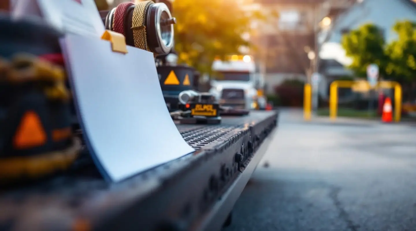 A Kick-Start Towing flatbed truck professionally removing an illegally parked vehicle from a commercial lot in Boston.